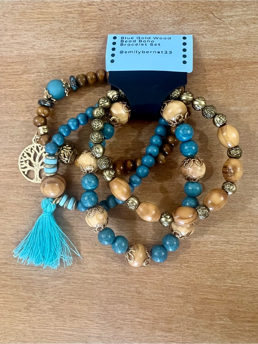 Blue & Gold Wood Bead Bracelet Set